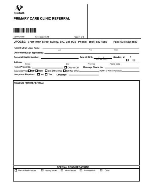 Primary Care Clinic Referral Form Physician
