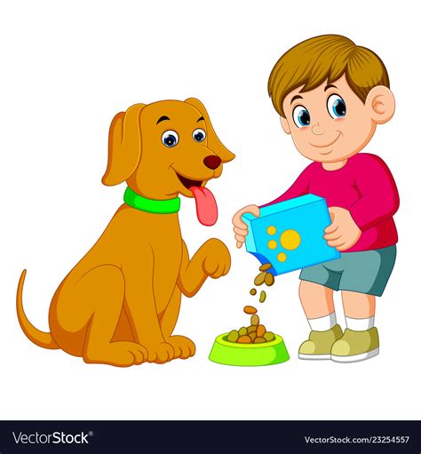 A Little Boy Is Giving Food For His Big Brown Dog Vector Image