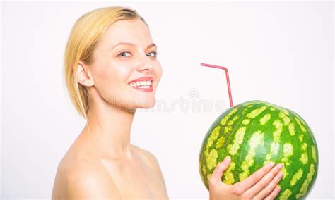Girl Attractive Nude Drink Fresh Juice Whole Watermelon Cocktail Straw