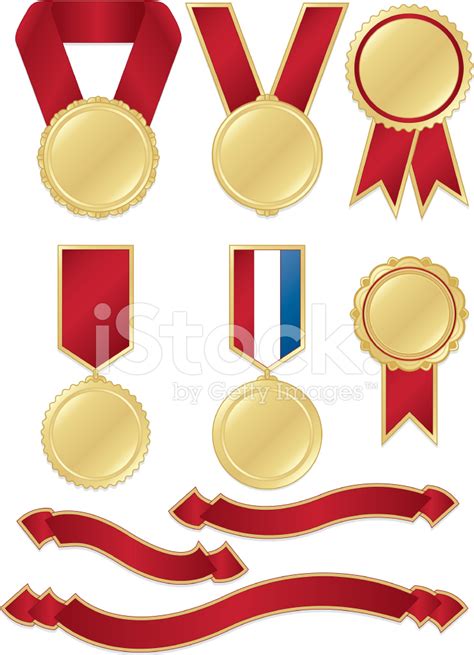 Award Medals Ribbons Stickers Set Shiny Red Metallic Gold Stock