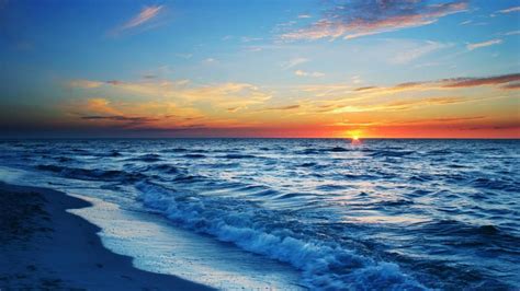 Sunset Sea Beach Waves Blue Orange Sky Wallpaper