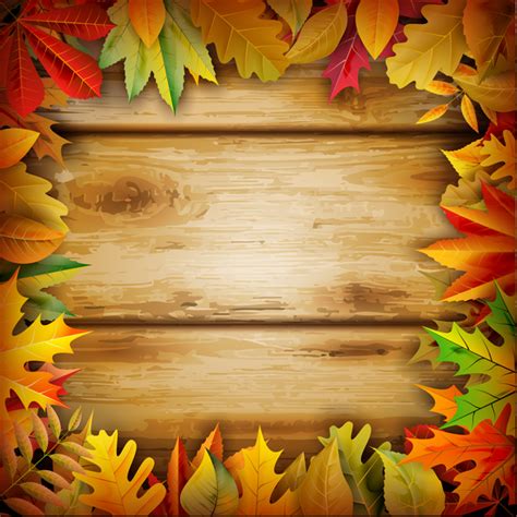 Frame Autumn Leaves And Wooden Background Vector Vector