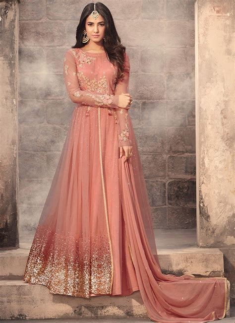 peach embroidered net anarkali suit party wear sarees saree designs indian dresses
