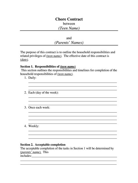 Parent Child Contract For Chores Fill Online Printable Fillable