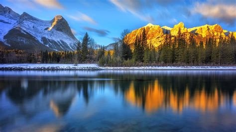 Download 1920x1080 Canada Mountain Lake Reflection Trees Clouds