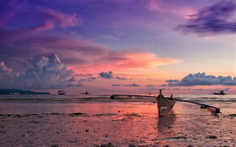 Philippines Island Ocean Beach Boat Evening Sunset Sky Clouds Beaches