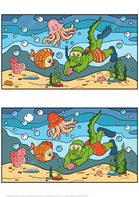 Find 15 Differences Game With A Crocodile Diver And Ocean Floor Free