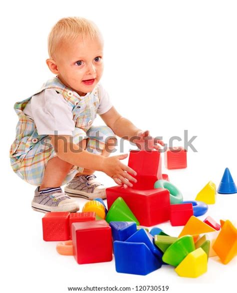 Happy Children Playing Building Blocks Isolated Stock Photo 120730519