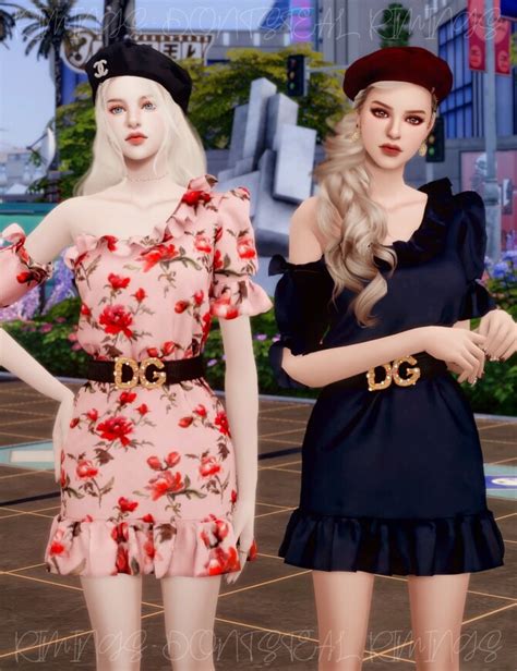 Belt And One Off Shoulder Floral Dress At Rimings Sims 4 Updates