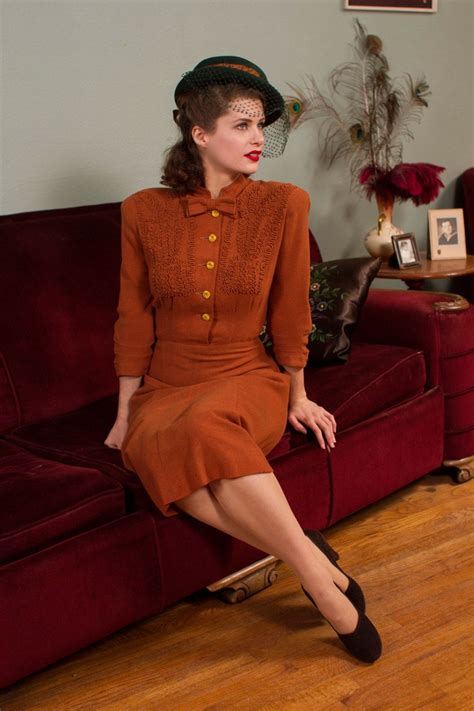 Vintage 1940s Dress Sweet Caramel Brown Wool Dress By