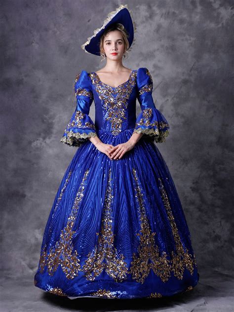 Victorian Dress Costume Womens Royal Blue Half Sleeves Baroque Masquerade Ball Gowns With Hat