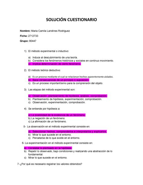 Solución Cuestionario Matematicas SOLUCIÓN CUESTIONARIO Nombre Maria