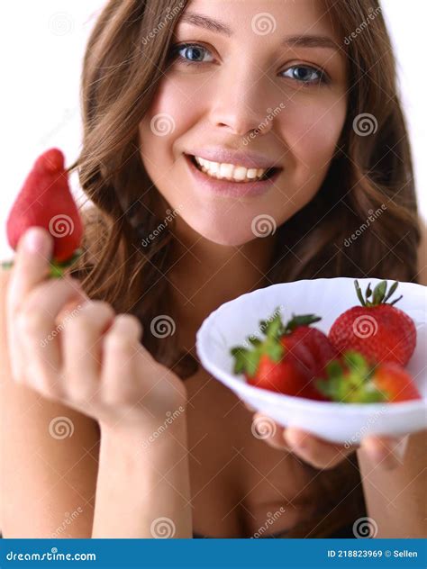 smiling woman eating strawberry close up female face portrait stock image image of face food