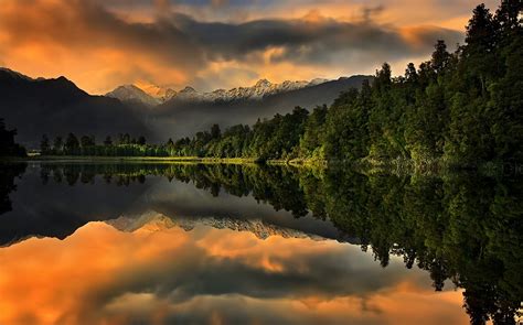 Nature Landscape Sunset Lake Mountains Forest Reflection Snowy