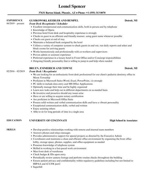 Front Desk Receptionist Resume Samples | Velvet Jobs