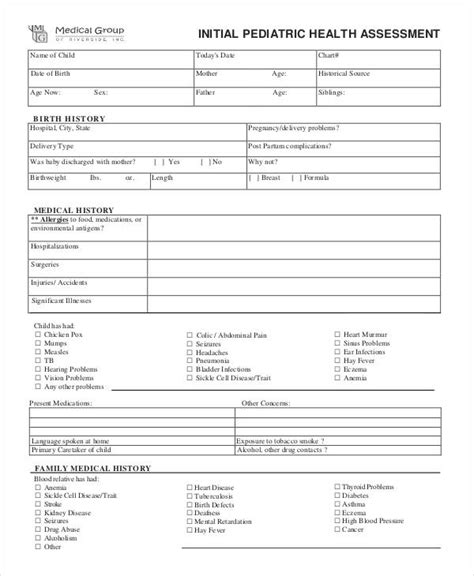 Printable Paediatric Assessment Form Printable Forms Free Online