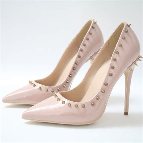 Akamatsu Pointed Toe Nude Patent Leather Rivet Casual Women Shoes High