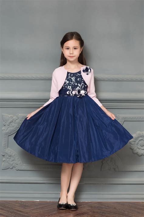 Navy Blue Satin Pattern Lace A Line Flower Girl Dresses For Wedding