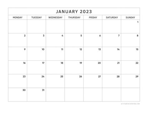 January 2023 Calendar With Monday Start