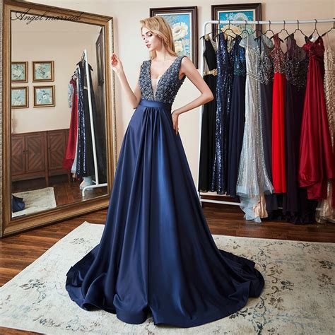 Buy Angel Married Fashion Evening Dresses Low V Neck Blue Prom Gowns Long New