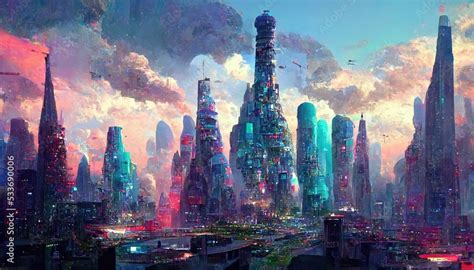 Cinematic City In Metaverse Futuristic Sci Fi High Tech City Daytime
