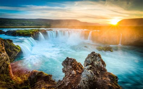 Download Wallpapers Waterfall Morning Sun River Iceland Godafoss