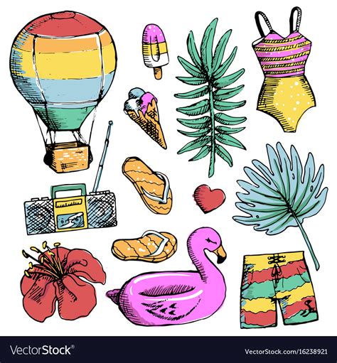 Set Of Bright Summer Doodle Sticker Hand Draw Vector Image