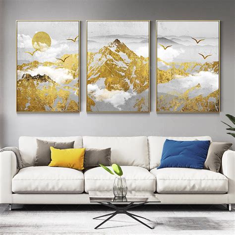 3 Pieces Wall Art Yxpainting Abstract Gold Art Mountain Cloud Etsy In