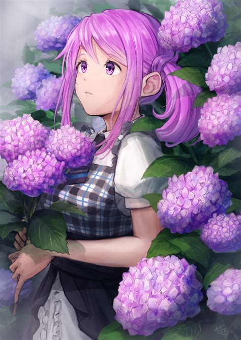 Download 2508x3541 Anime Girl Purple Flowers Cute Profile View