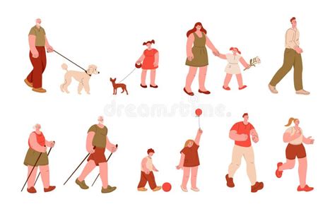 Cartoon People Walking Outdoor Children And Adults Senior Activity
