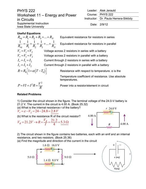 Electrical Power Worksheet Answers — Db