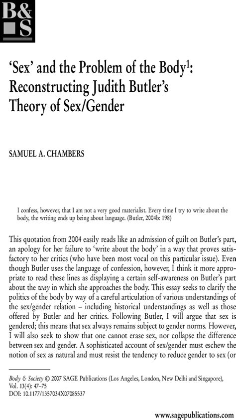Sex And The Problem Of The Body Reconstructing Judith Butlers Theory Of Sexgender Samuel