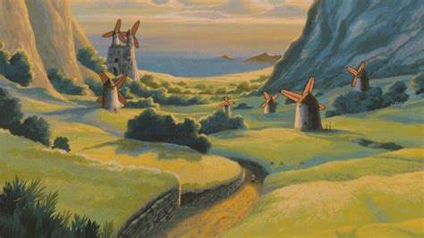 Windmills On Grass Field Near Mountain Painting Landscape Nausicaa