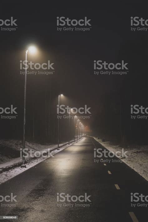 Lonely Foggy Park Alley At Winter Night Stock Photo Download Image
