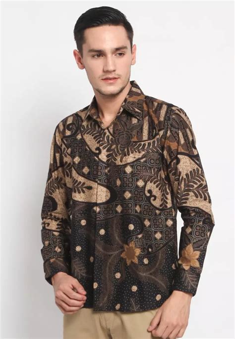 jual abiroy kemeja batik pria premium slimfit elegant modern lengan panjang kuwera coklat