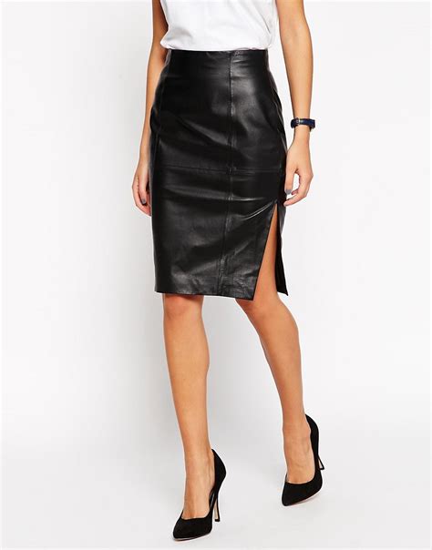 Asos Asos Pencil Skirt In Leather With Side Split At Asos