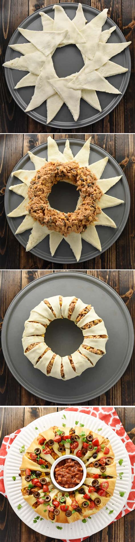 The dough will fan out from there with the points at the edges. Chicken (or Leftover Turkey!) Taco Crescent Ring
