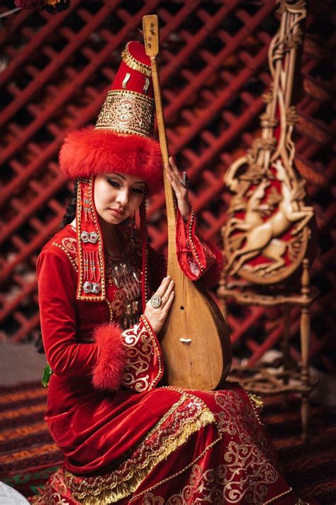 Kazakh Girl With Dombyra National Clothes Traditional Outfits Women