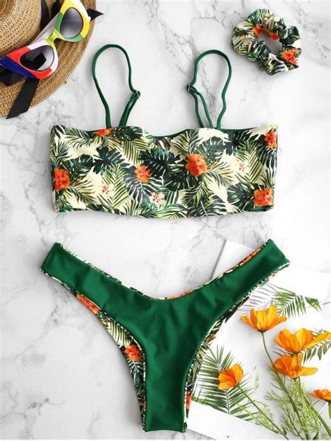 Zaful Reversible Flower Leaf Bikini Set With Hairband Multi A M