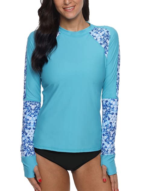 Attraco Womens Long Sleeve Rash Guard Color Block Folral Patch Work