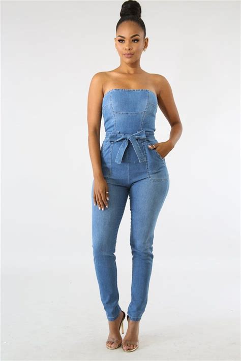 Strapless Denim Stretch Jumpsuit With Tie Belt Date Night Outfits In