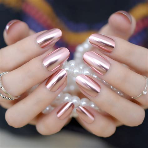 Metallic Mirror False Nails Fashion Pink Acrylic Nails Full Cover Nail
