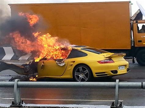 Yellow Porsche 997 Turbo Burnt To Crisp After High Speed Crash In India