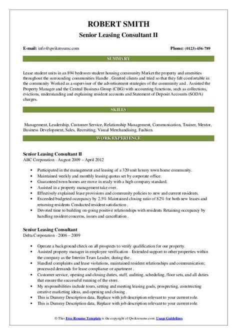 Consult with clients to understanding their business challenges and goals, and recommend performance improvement and risk mitigation solutions. Senior Leasing Consultant Resume Samples | QwikResume
