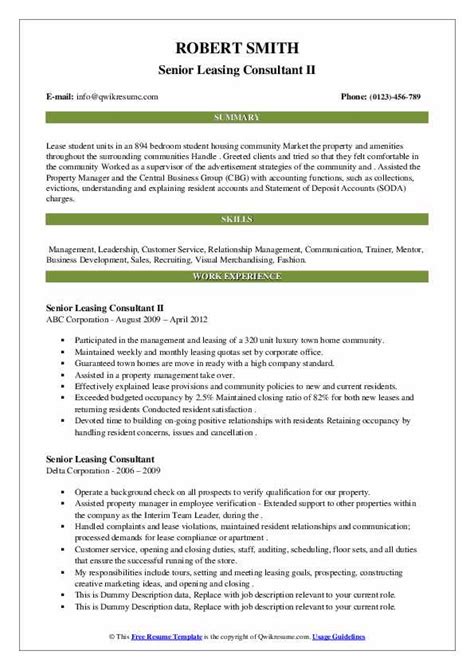 Need a competitive edge for your consultant job application? Senior Leasing Consultant Resume Samples | QwikResume