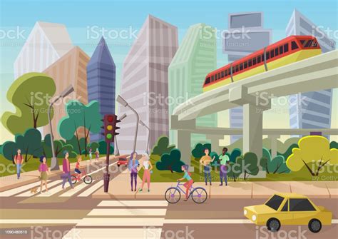 Modern Urban Cartoon City Street With Young People Walking Vector