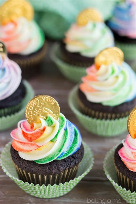 Pipe frosting on top of filled cupcakes and garnish with gold sprinkles. Pot of Gold Cupcakes - Baking A Moment