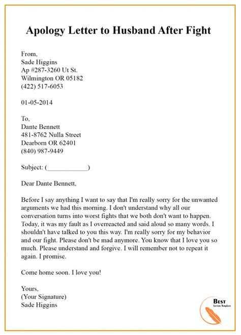 Apology Letter Template To Husband Sample And Examples Best Letter