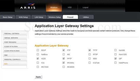 Arris Dg860a Screenshot Alg Application Layer Gateway Settings