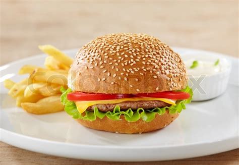 Fresh Hamburger On White Plate Stock Image Colourbox